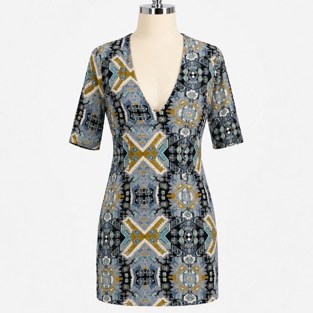 Free People Printed V-Neck Mini Dress Size 4 Blue Gray Geometric Half Sleeve